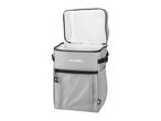 Open grey cooler bag with a geometric pattern, black zippers, and a side buckle.