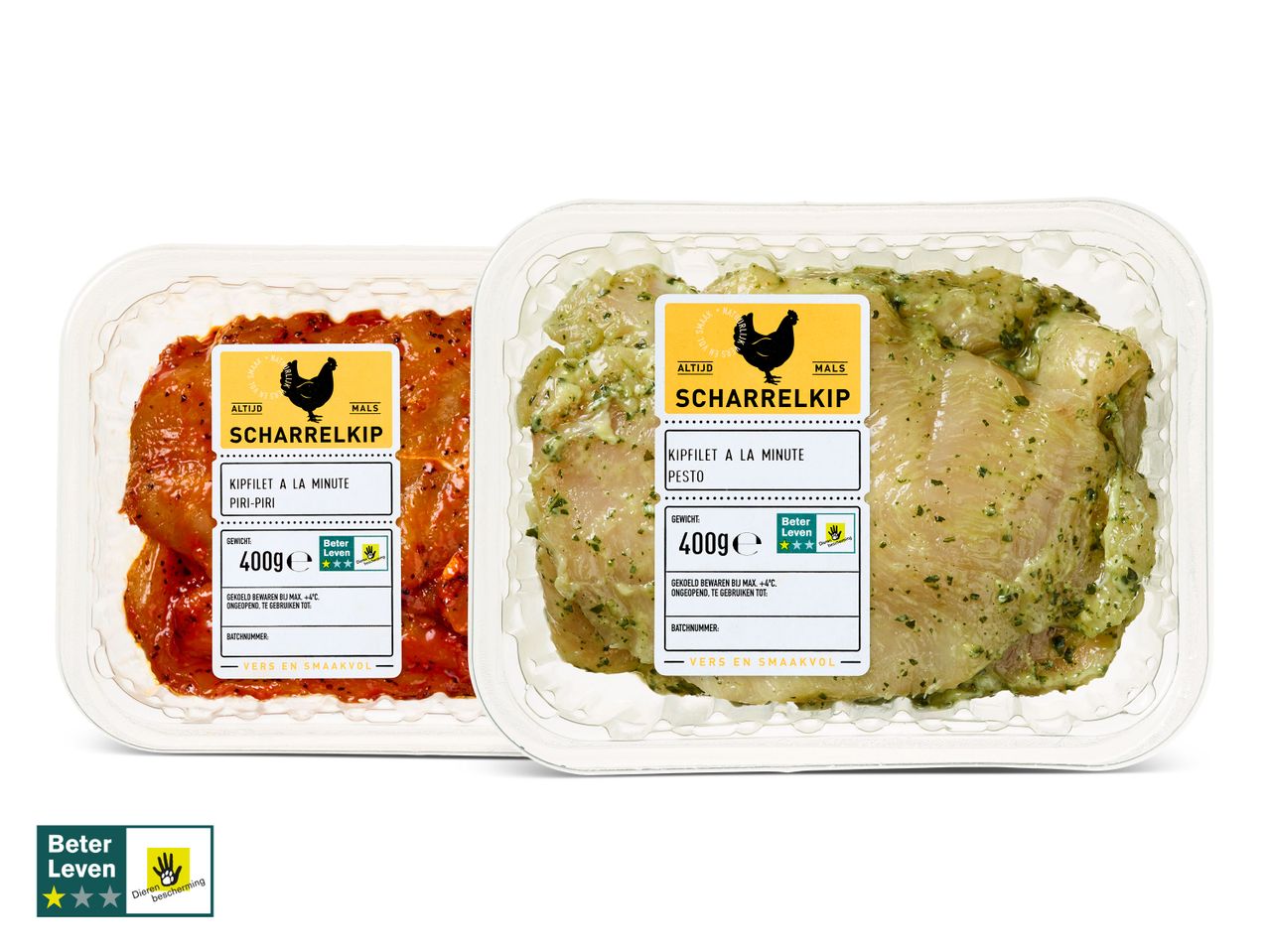 Gemarineerde kipfilets: piri-piri en pesto, 400g, Scharrelkip.