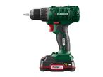 Cordless drill with a screwdriver bit, green and black with red accents