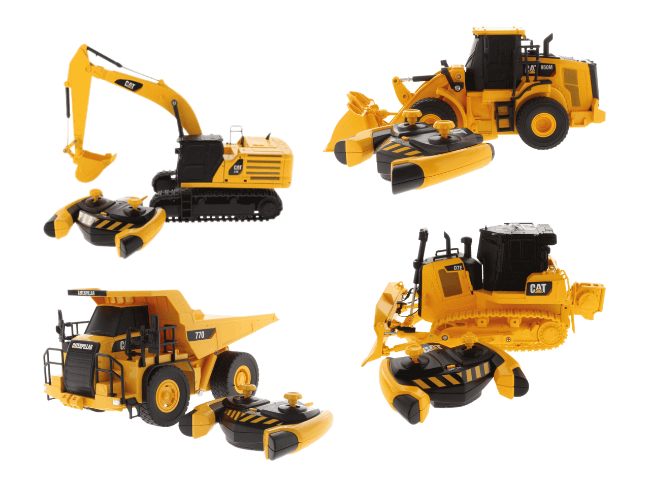 Neljä keltaista Caterpillar-rakennusajoneuvoa ja niiden kaukosäätimet mustalla taustalla.