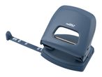 A blue hole puncher with a paper guide, featuring a silver punching bar and a white logo.