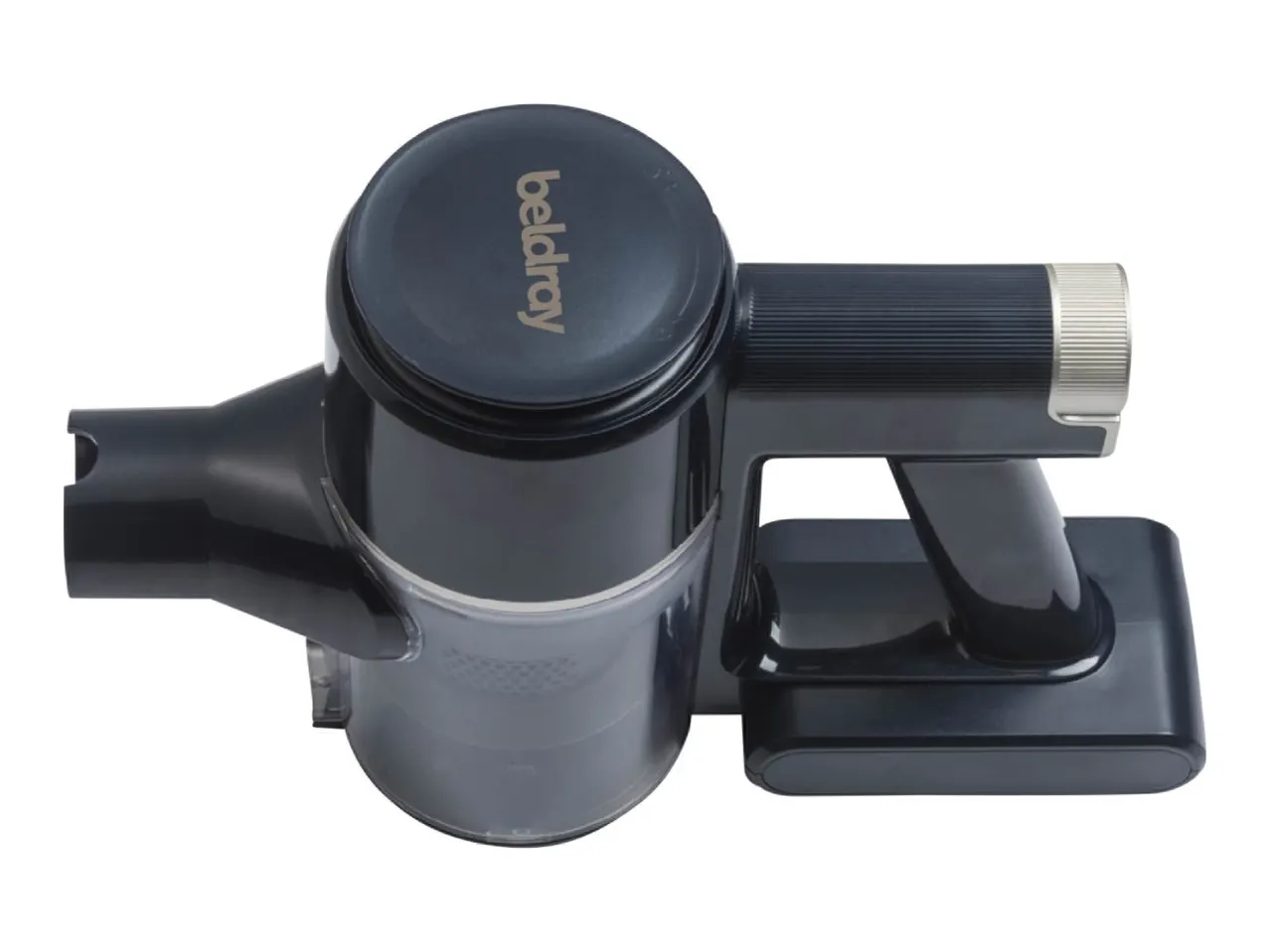 Dark grey handheld vacuum cleaner with a transparent dustbin and silver accents.