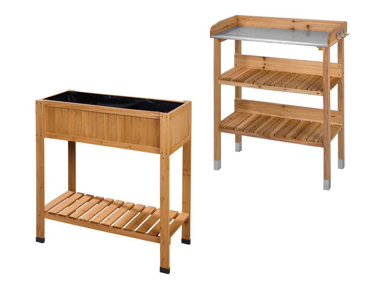 Hochbeet aus Holz mit Einlage und ein Pflanztisch aus Holz mit Metallplatte und Regalen.