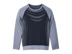 A long-sleeved athletic shirt in dark blue and light blue with a geometric pattern.