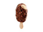 Sorvete de chocolate com amêndoas no palito.