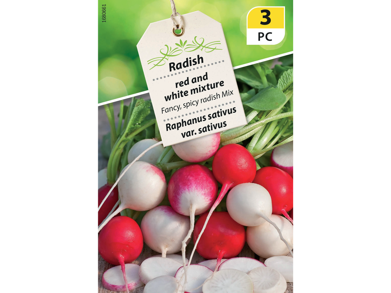 Radish seed packet for a red and white mixture, with 3 pieces.