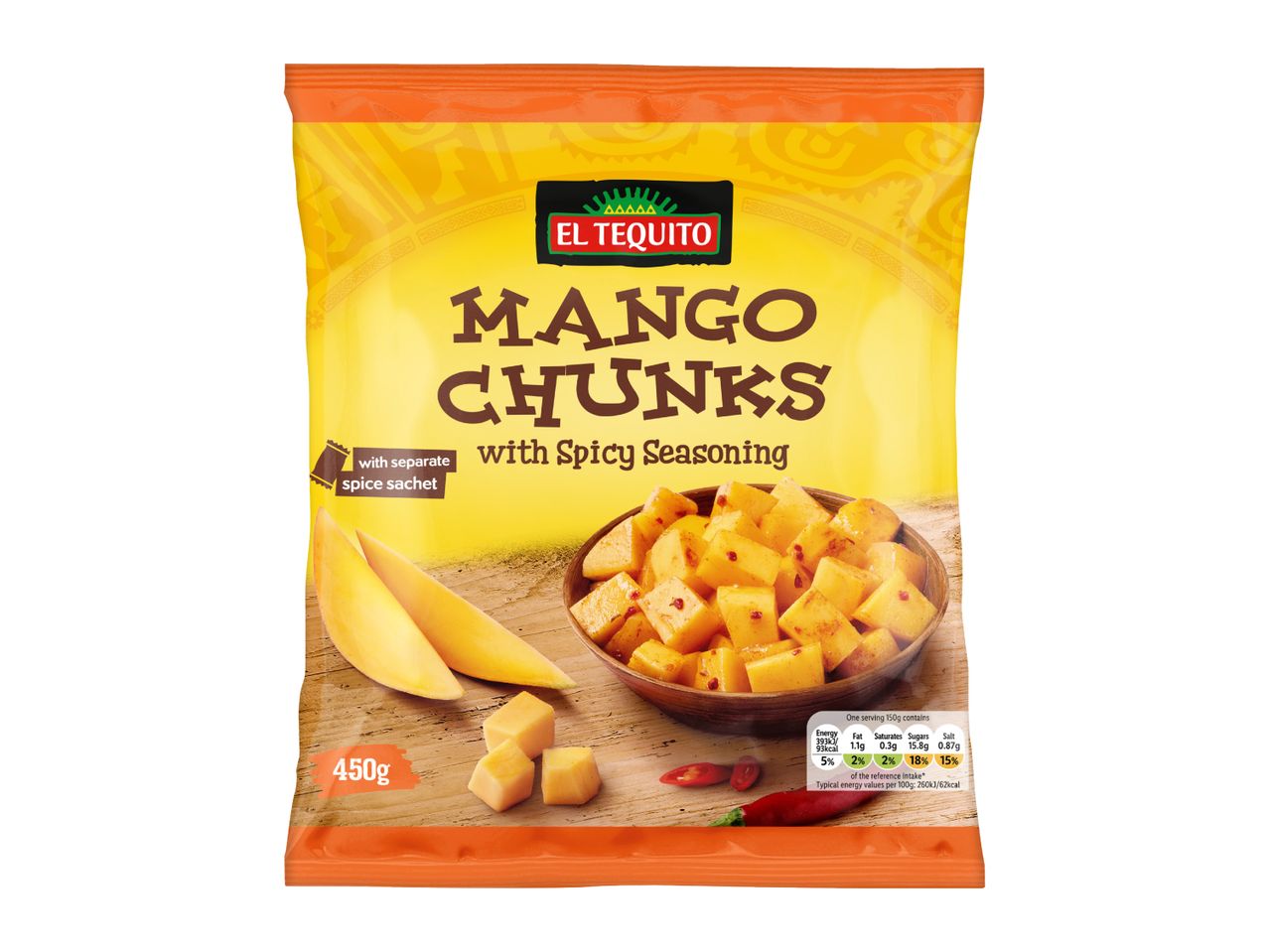 A bag of mango chunks with spicy seasoning, showing mango slices and a bowl of seasoned mango.