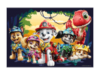 Paw Patrol-hvalpe og en dinosaur i en jungle.