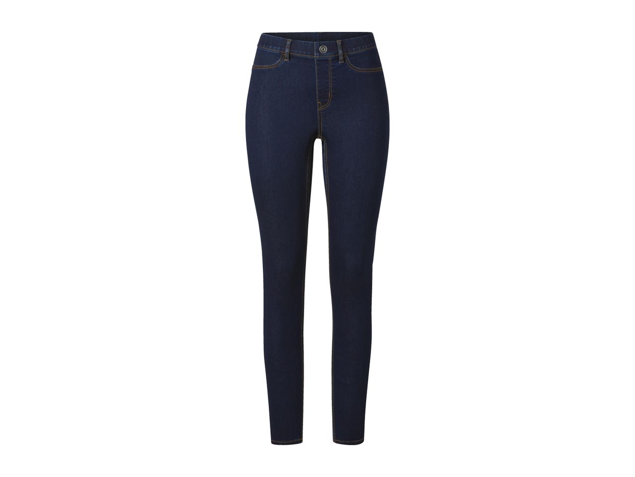 Dark blue denim jeans with orange stitching on a white background.