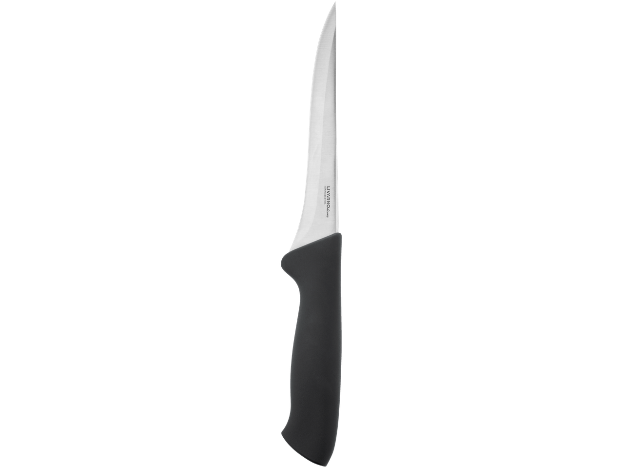 Livarno Home stainless steel boning knife with black handle.