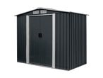 Dark grey metal garden shed with double doors and vents on a white background.