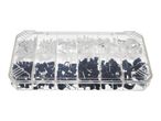 Cable clips and nails in a clear plastic box.