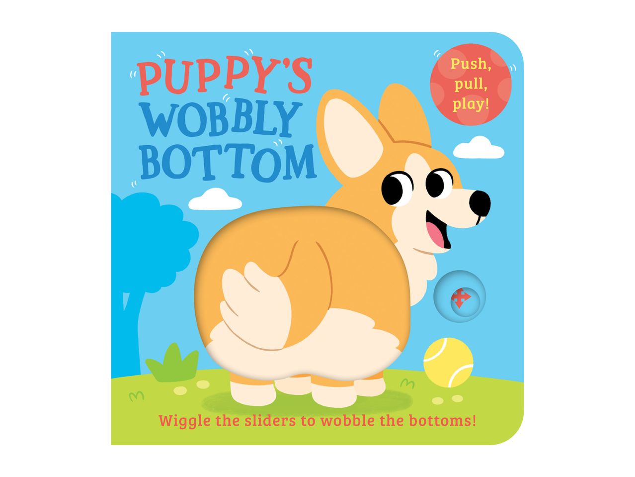 Children's book titled 'Puppy's Wobbly Bottom' with a corgi, encouraging interactive play.