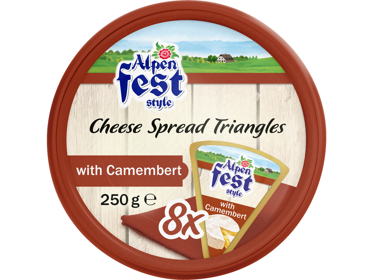 Alpenfest smeltkaas driehoekjes met Camembert, 250g verpakking met 8 porties.
