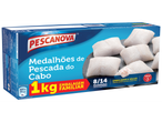 Embalagem familiar de 1kg de medalhões de pescada do Cabo Pescanova, ultracongelados e embalados a vácuo.
