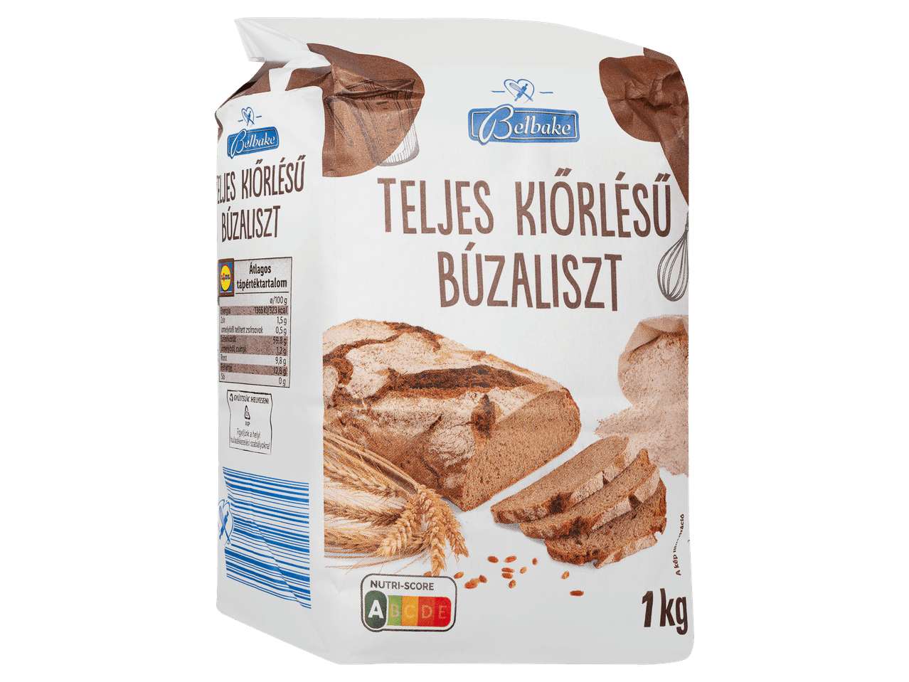 1 kg-os teljes kiőrlésű búzaliszt papírcsomagolásban.