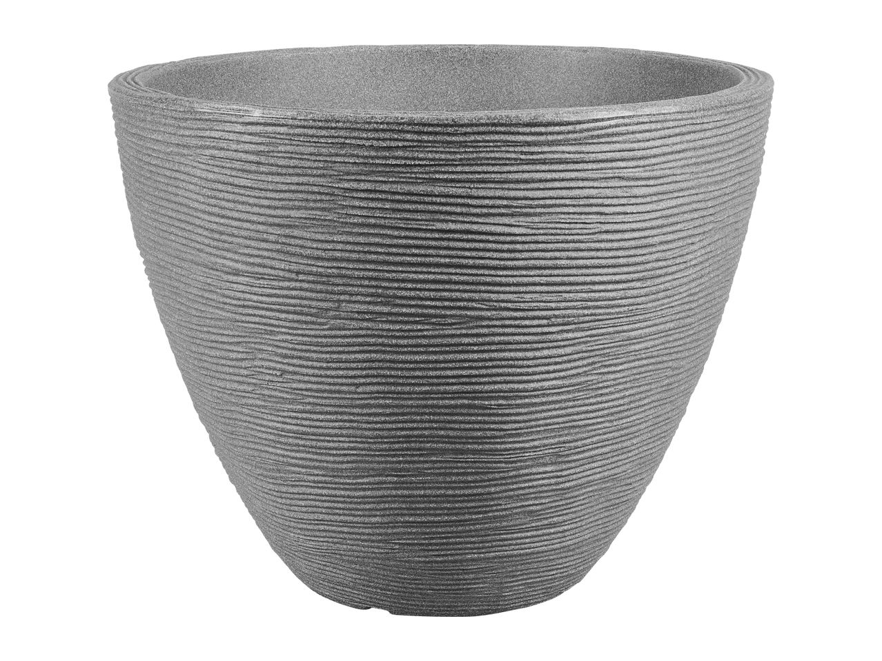 Grey textured plant pot with horizontal ridges, isolated on a white background.
