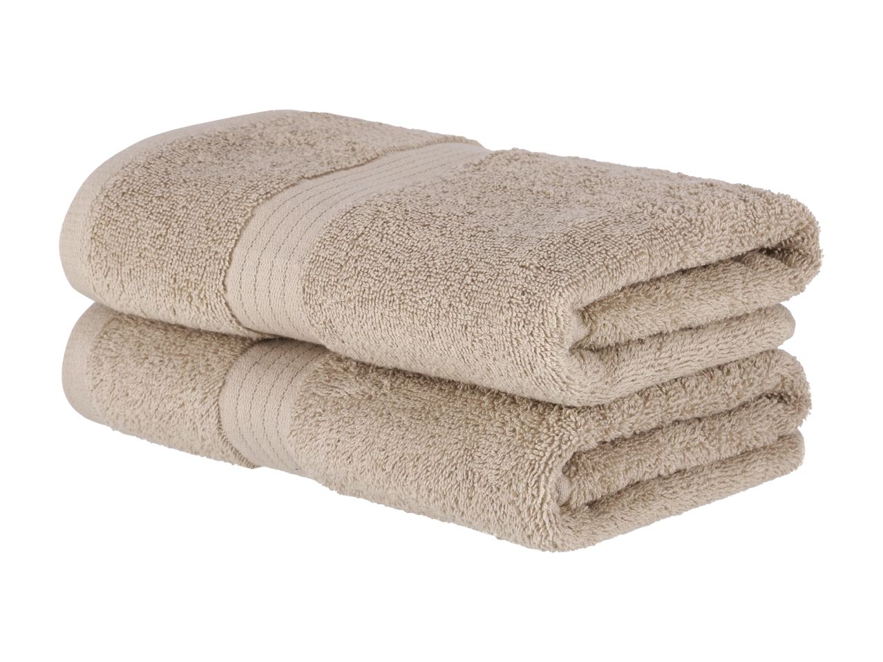To beige håndklæder stablet oven på hinanden.