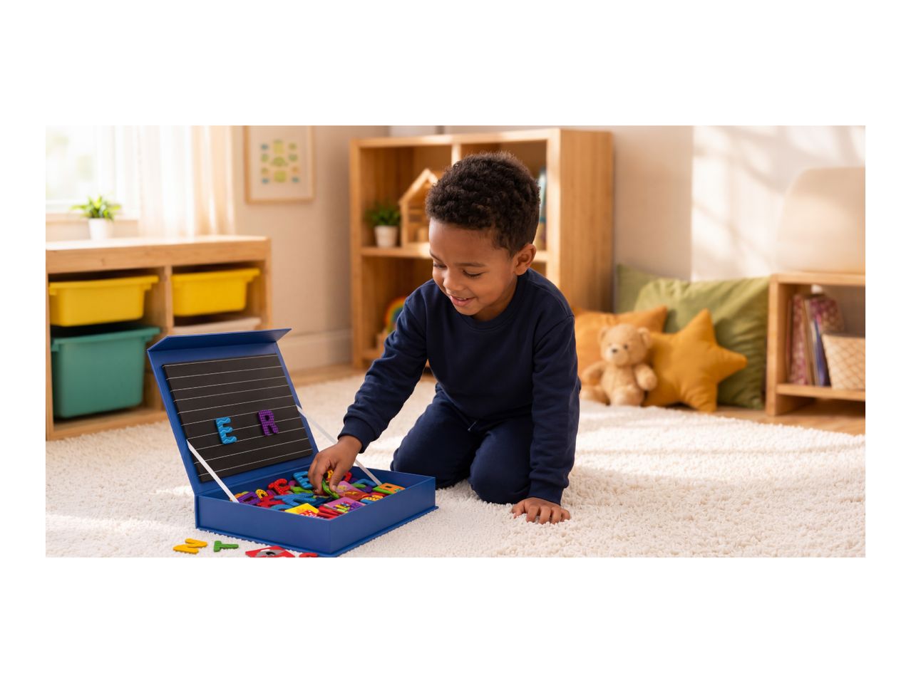 Boy playing with magnetic letters on a portable chalkboard in a bright room.