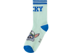 Svetlozelene čarape sa plavim prugama, natpisom 'CKY' i slikom psa