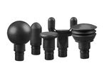 A set of five black massage gun attachments with various shapes, including a ball, cone, flat, fork, and cushioned head.