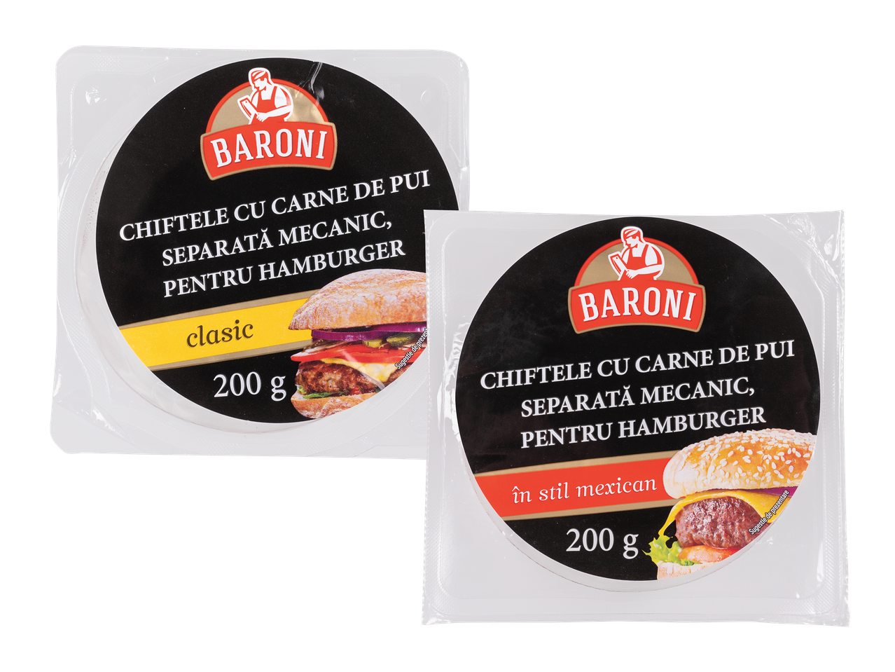 Două pachete de chiftele de pui pentru hamburger, unul clasic și unul în stil mexican, 200g.