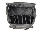 Open grey sewing machine bag with internal compartments