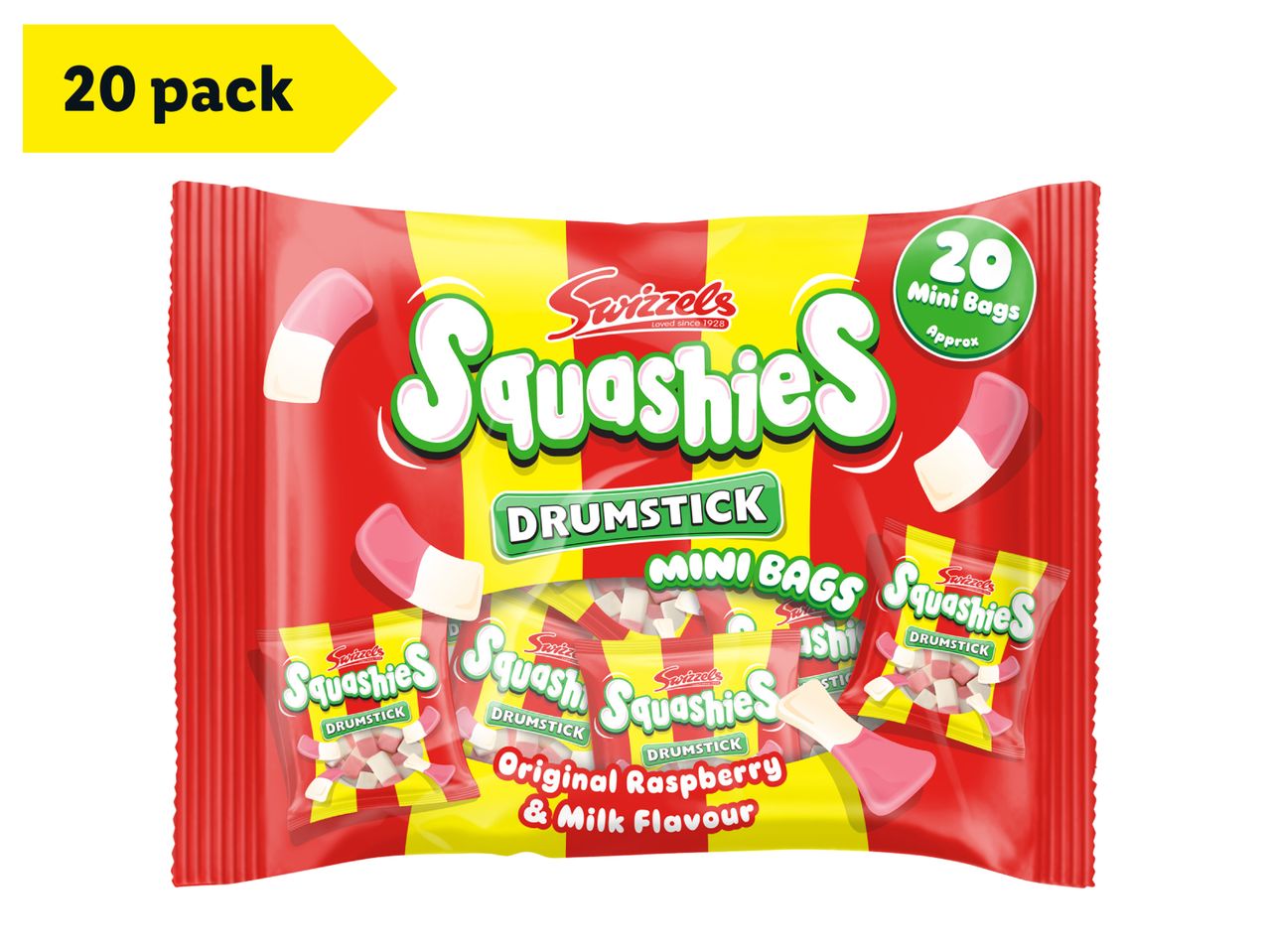 A 20-pack of raspberry and milk flavour drumstick squashies mini bags.