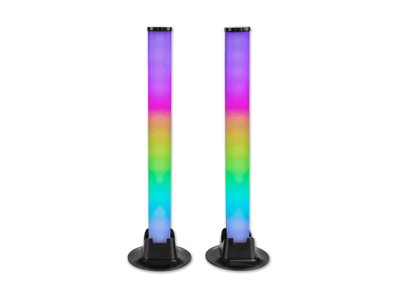 Zwei bunte LED-Lichtleisten mit Farbverlauf auf schwarzem Hintergrund.