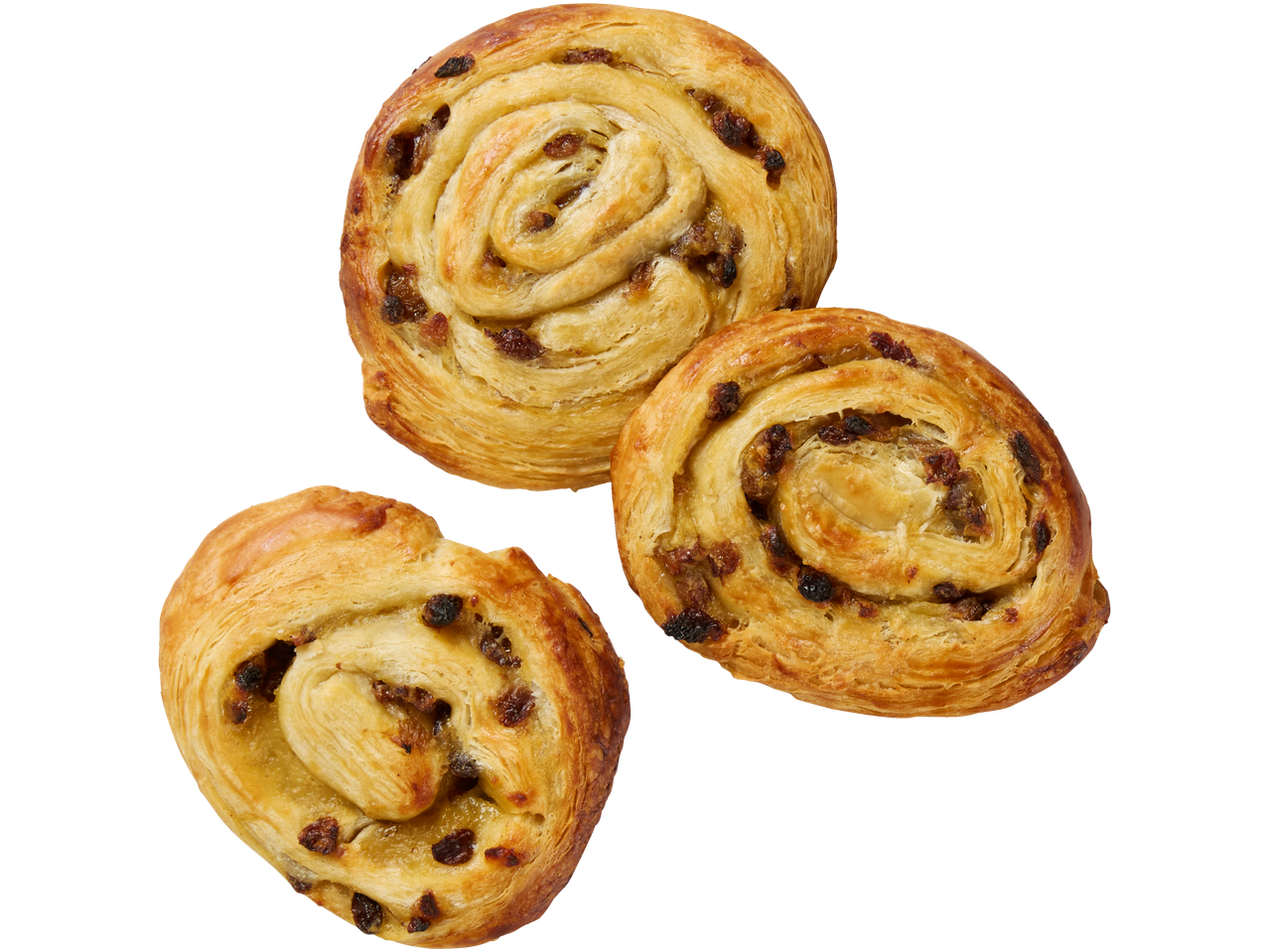 Kolm rosinatäidisega saiakesi, vaadet pealt.