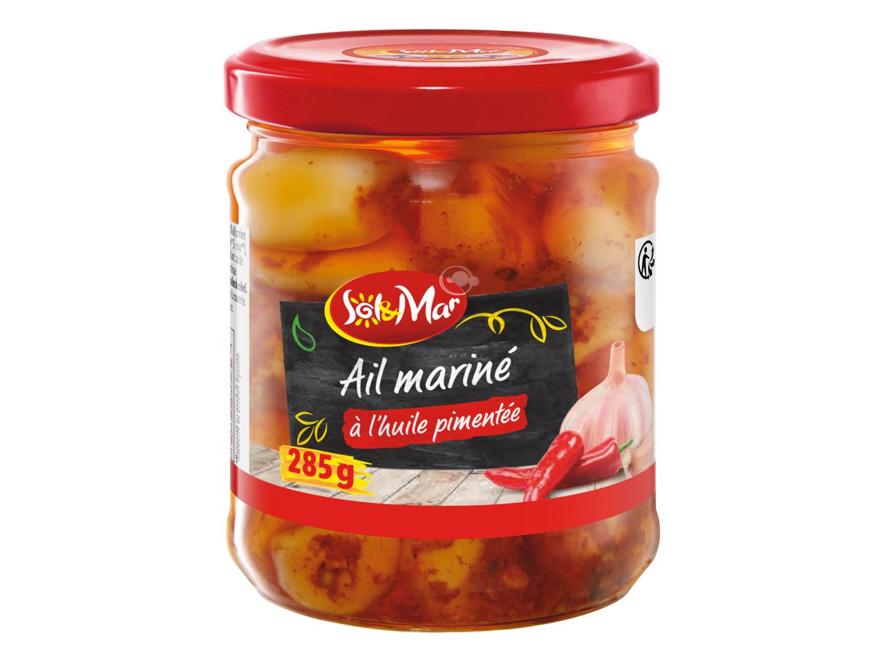 Pot de 285g d'ail mariné à l'huile pimentée de la marque Sol&Mar.