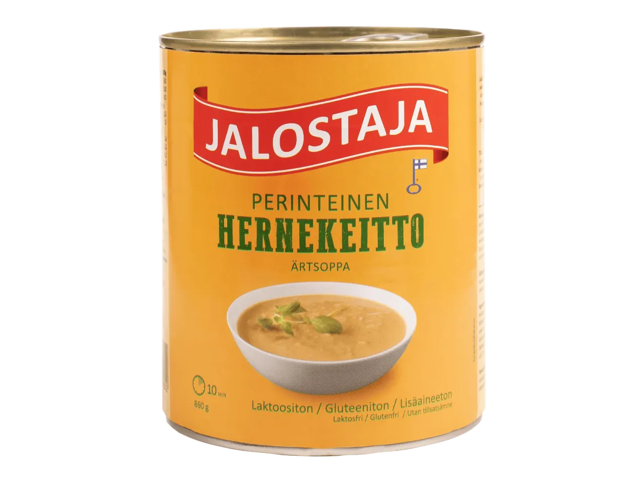 Keltainen säilykepurkki perinteistä hernekeittoa, laktoositon, gluteeniton ja lisäaineeton.