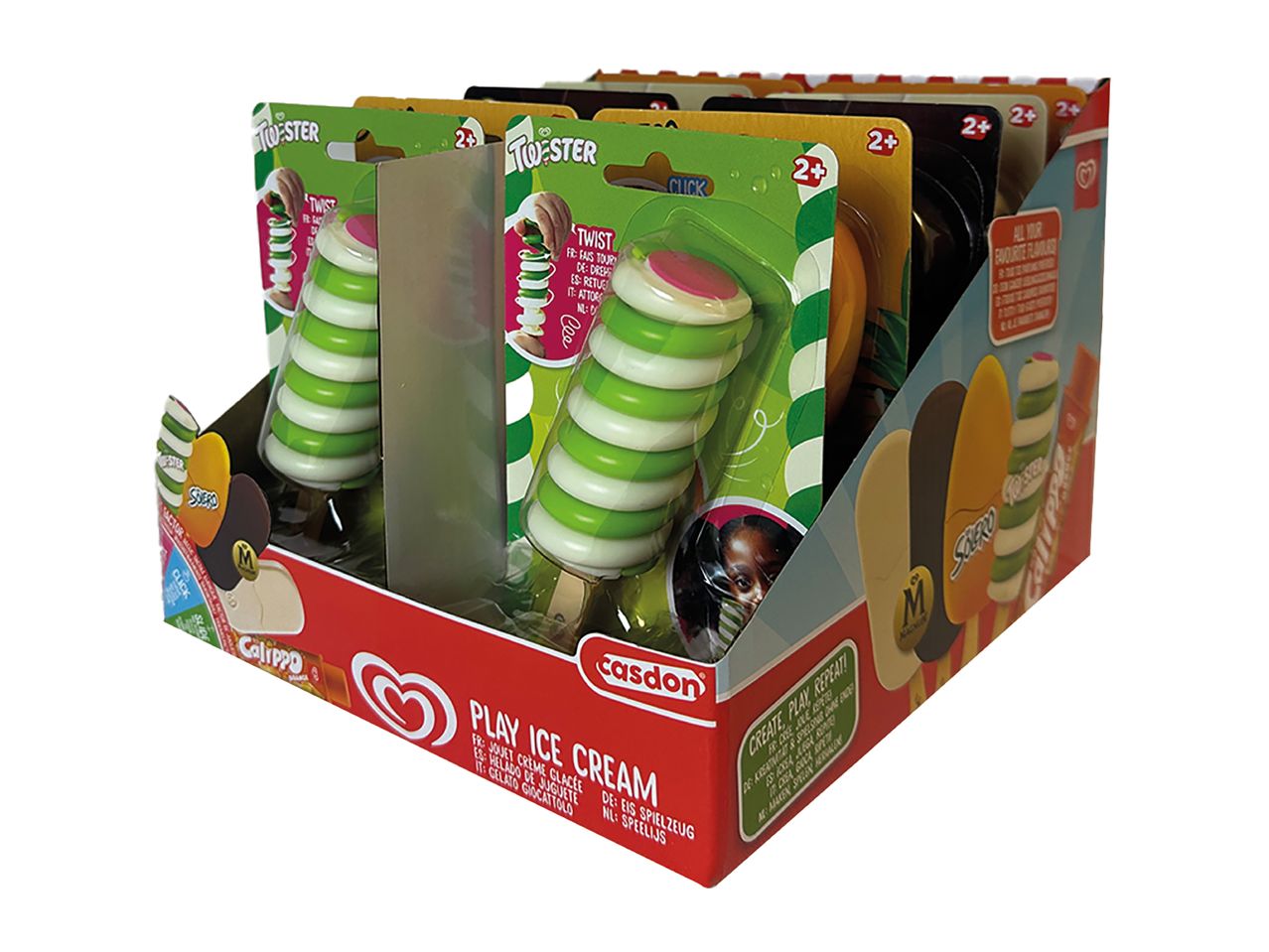 Display of toy ice cream treats, including twistable pops and ice cream bars, for ages 2+.