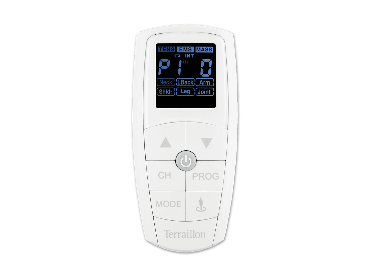 Terraillon TENS/EMS/Massagegerät-Fernbedienung mit digitalem Display und Tasten.