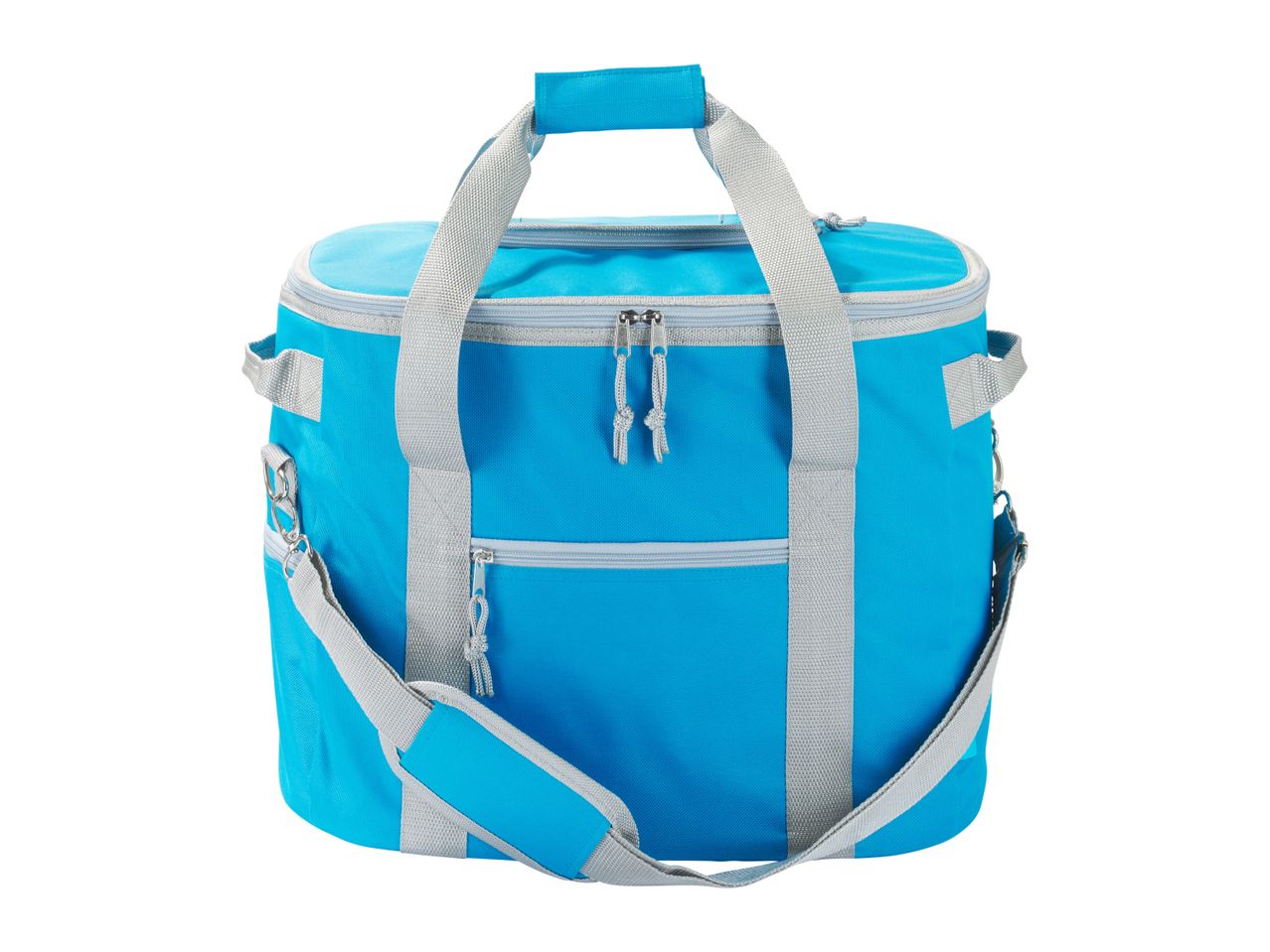 A bright blue insulated cooler bag with gray accents and a shoulder strap.