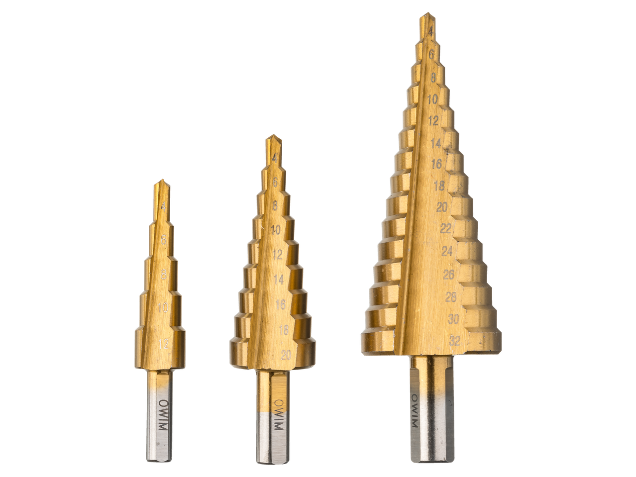 Three OWIM step drill bits of varying sizes are shown against a black background.