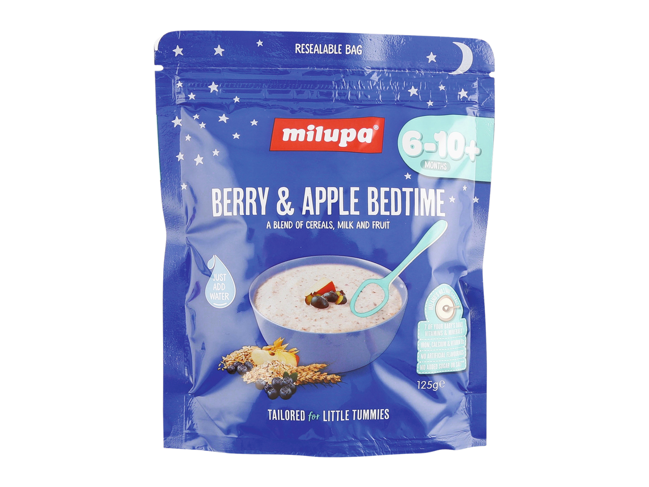 Milupa Berry & Apple Bedtime baby cereal in a resealable pouch.