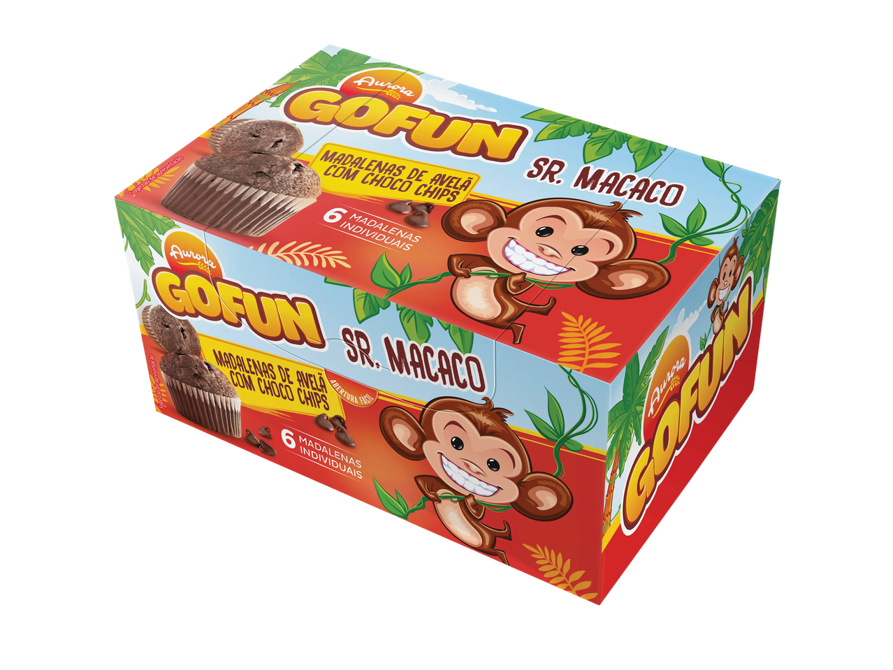 Caixa de madalenas de avelã com pepitas de chocolate, com um macaco sorridente.