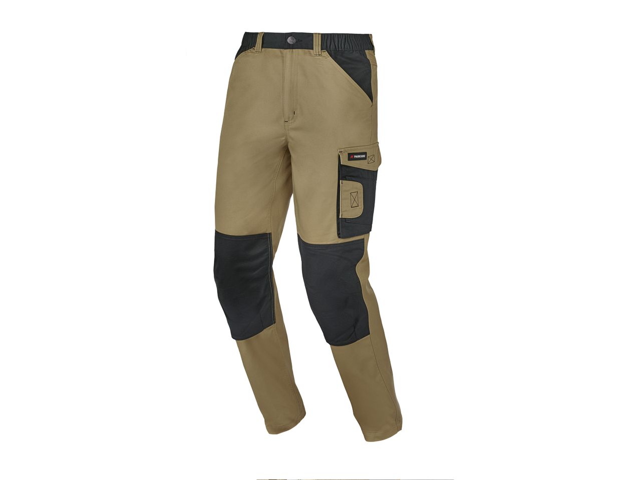 Pantaloni da lavoro beige e neri con tasche laterali e rinforzi sulle ginocchia.