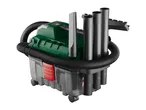 Wet and dry vacuum cleaner with hose, attachments, and wheels.