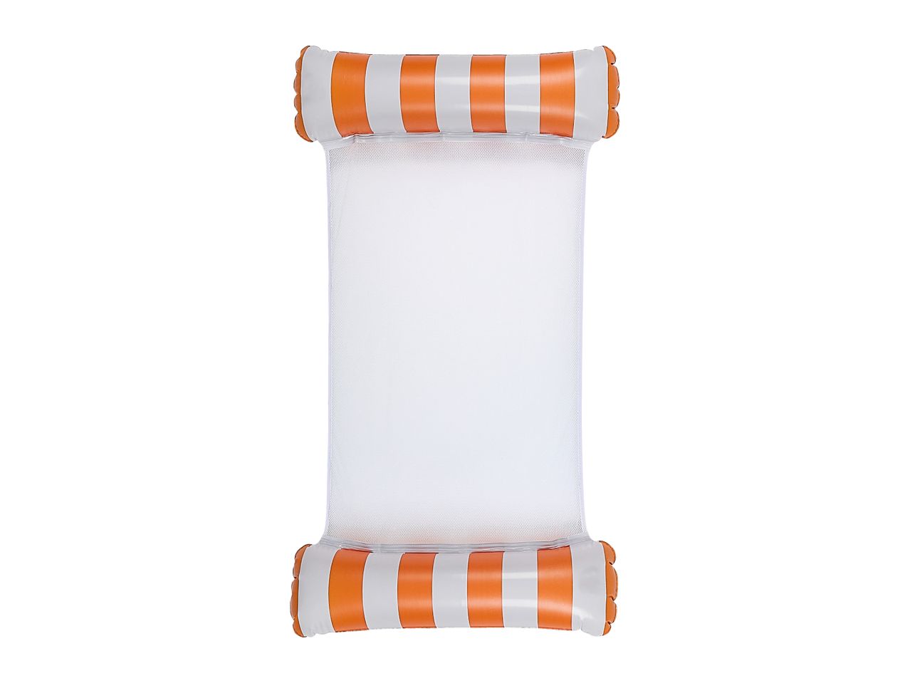 Orange and white striped inflatable pool hammock with a mesh center