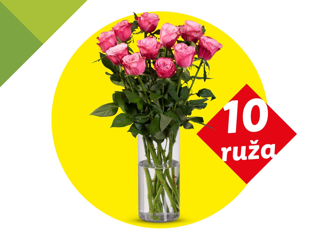 Buket od 10 ružičastih ruža u vazi na žutoj pozadini.