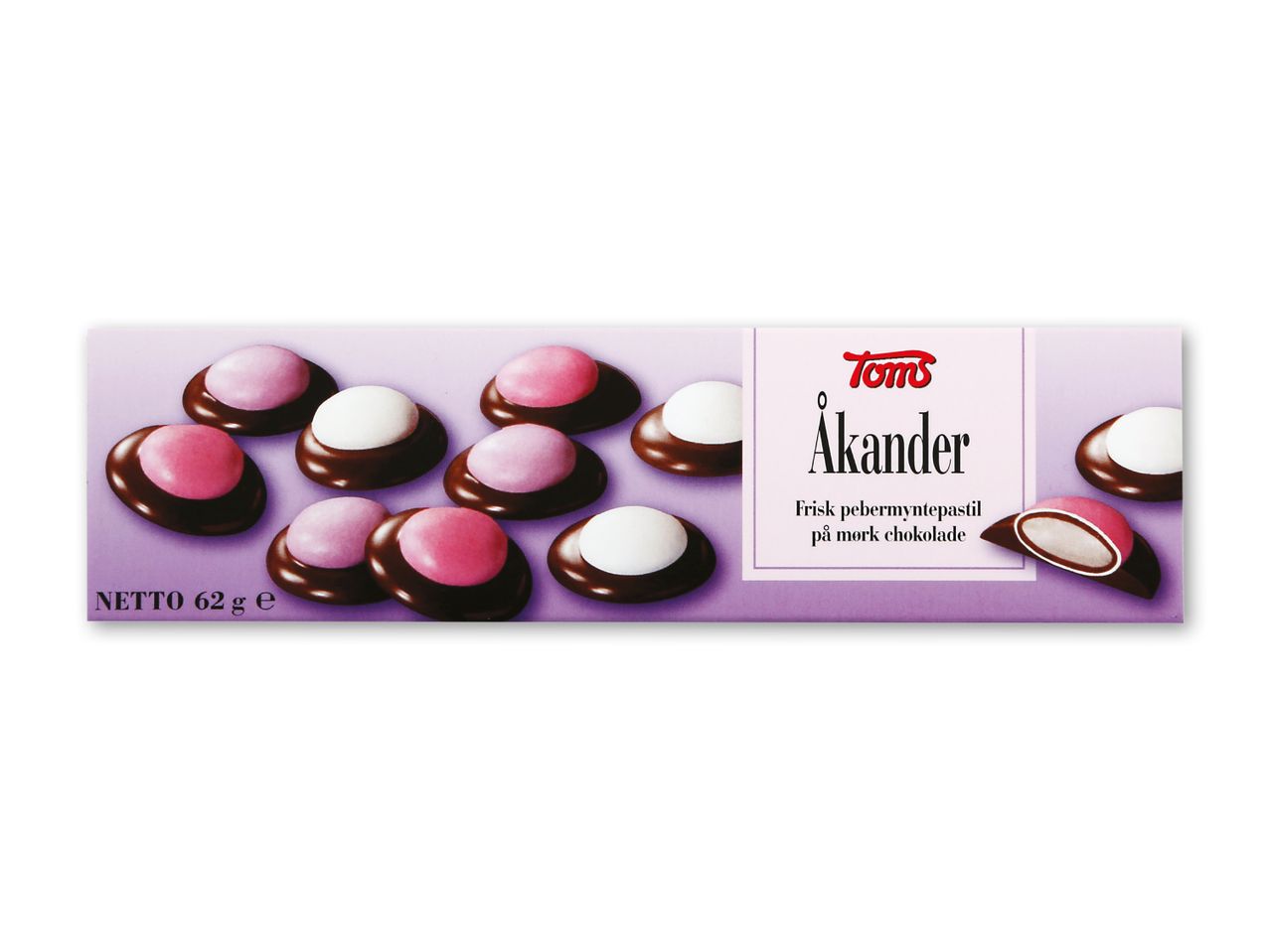 Lilla æske med chokoladeovertrukne pebermyntepastiller i hvid og lyserød.