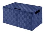 A blue woven storage bin with a lid and handles.