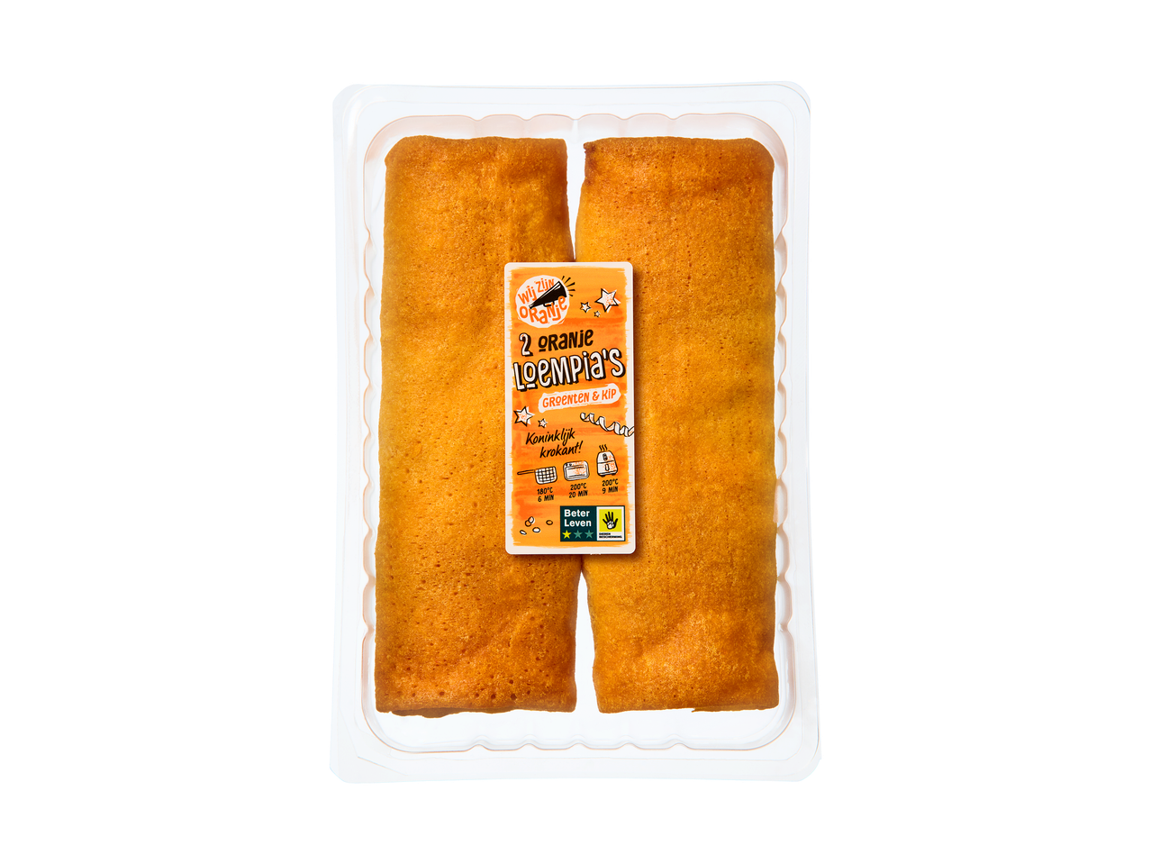 Twee oranje loempia's met groenten en kip in een plastic verpakking, met bereidingsinstructies.