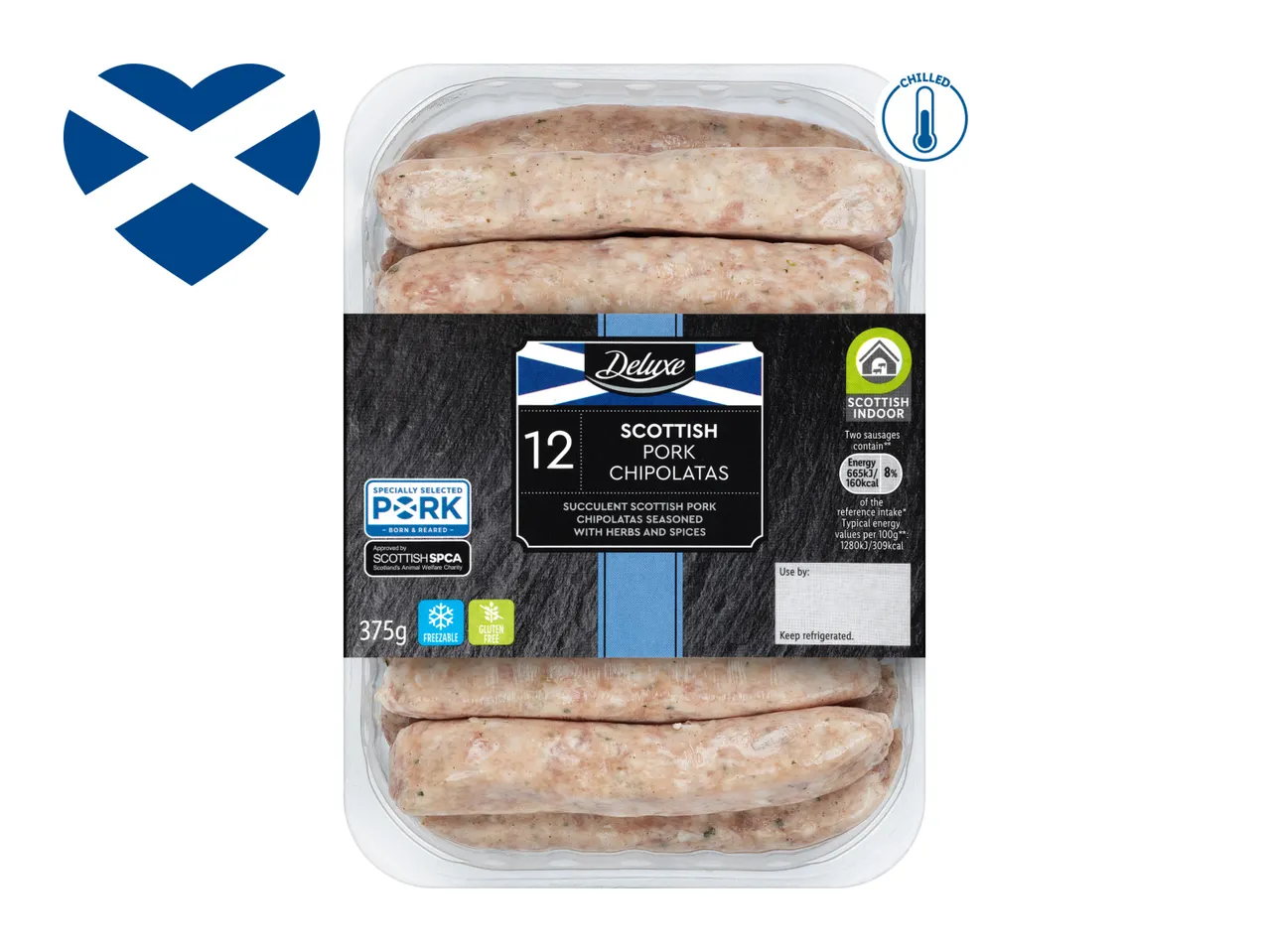 Pack of 12 Scottish pork chipolatas, 375g, chilled, freezable, and gluten-free.