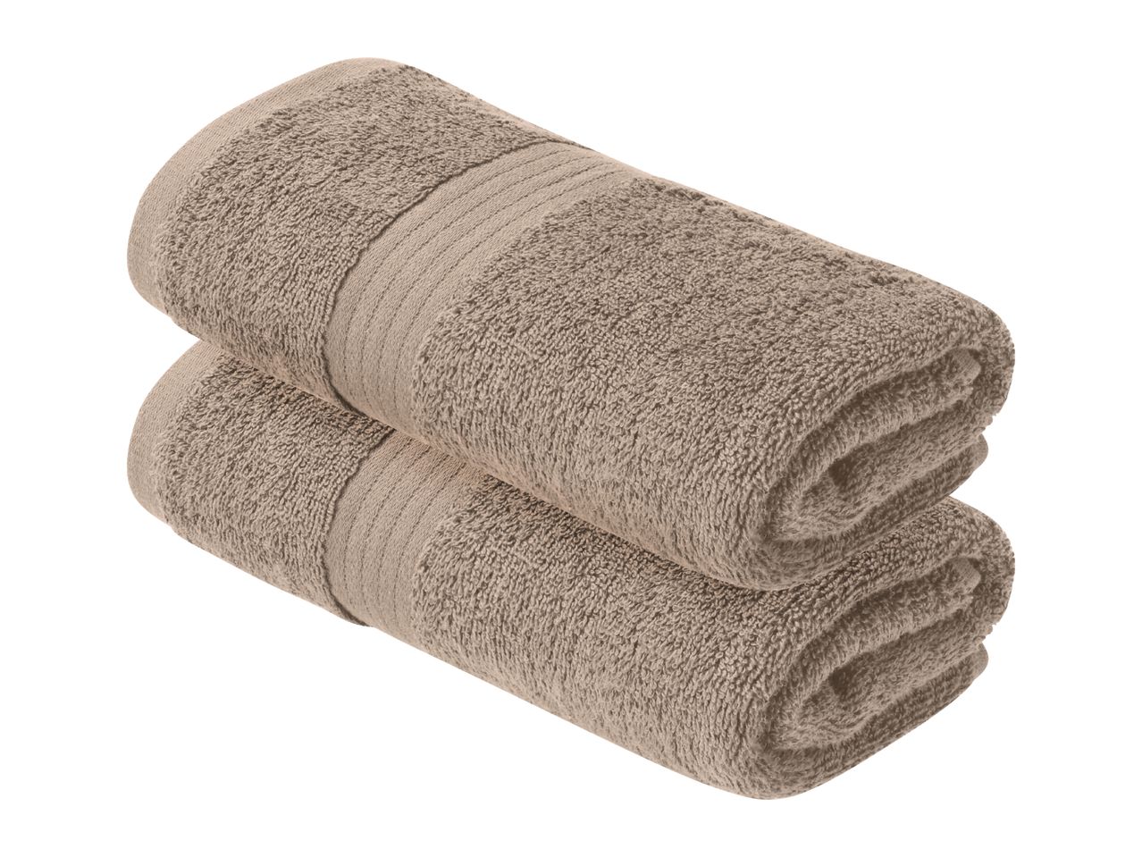 Two stacked, rolled-up beige towels