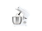 A white SilverCrest stand mixer with a stainless steel bowl and whisk attachment.