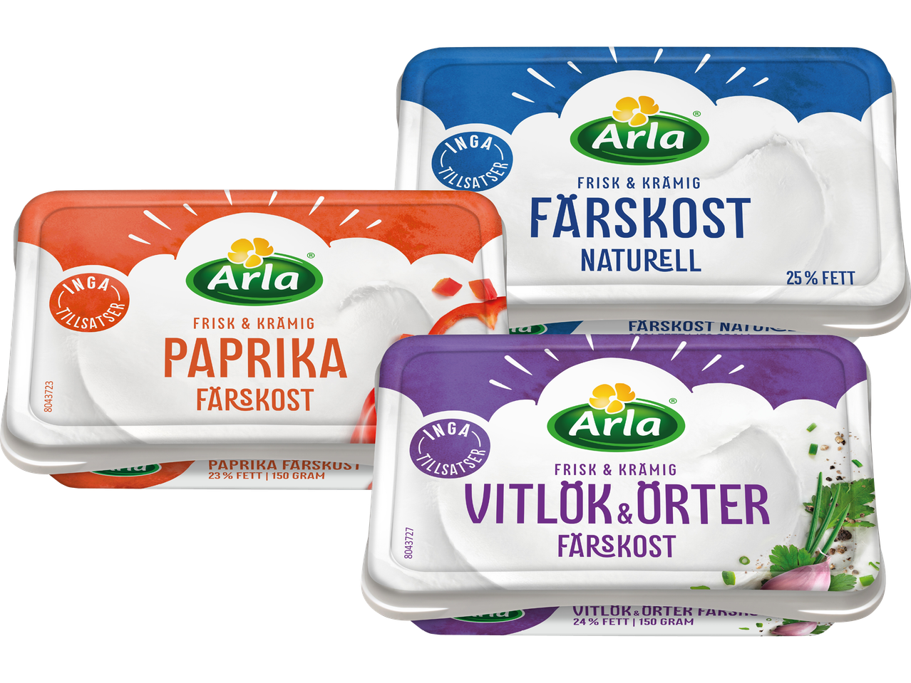 Tre Arla färskostar i smakerna paprika, naturell och vitlök & örter.