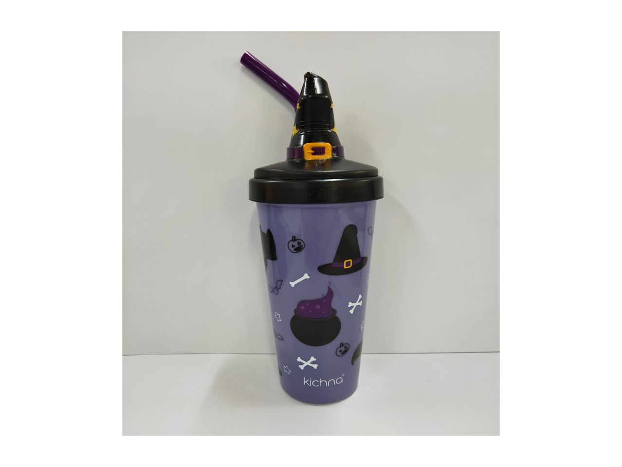 Purple Halloween-themed tumbler with a witch hat lid and straw.